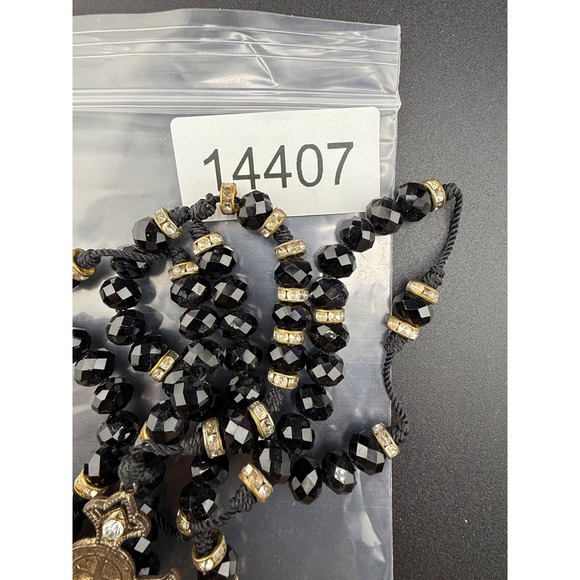 Vintage Beaded Rosary Necklace Black Faceted Glass Rhinestones HUGE 32" READ - Picture 11 of 11